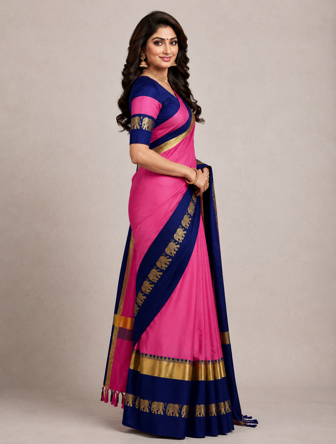 Pink & Navy Blue Hathi Design (Elephant) Cotton Silk Saree