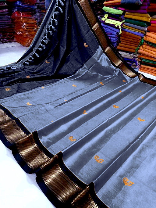 Grey & Black Paithani Cotton Silk Saree