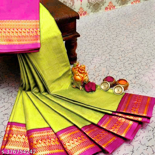 Lemon Yellow & Pink Kalyani Cotton Silk Saree