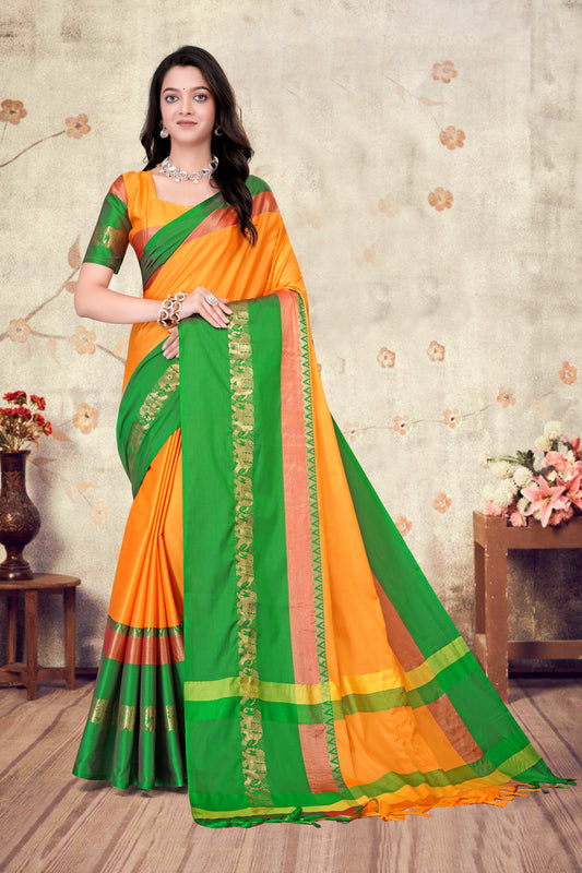 Turmeric Yellow & Green Hathi Design (Elephant) Cotton Silk Saree