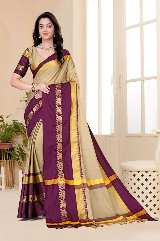 Beige & Brown Hathi Design (Elephant) Cotton Silk Saree