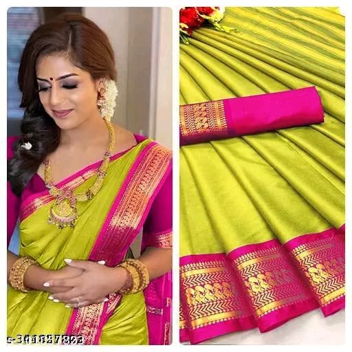 Lemon Yellow & Pink Kalyani Cotton Silk Saree