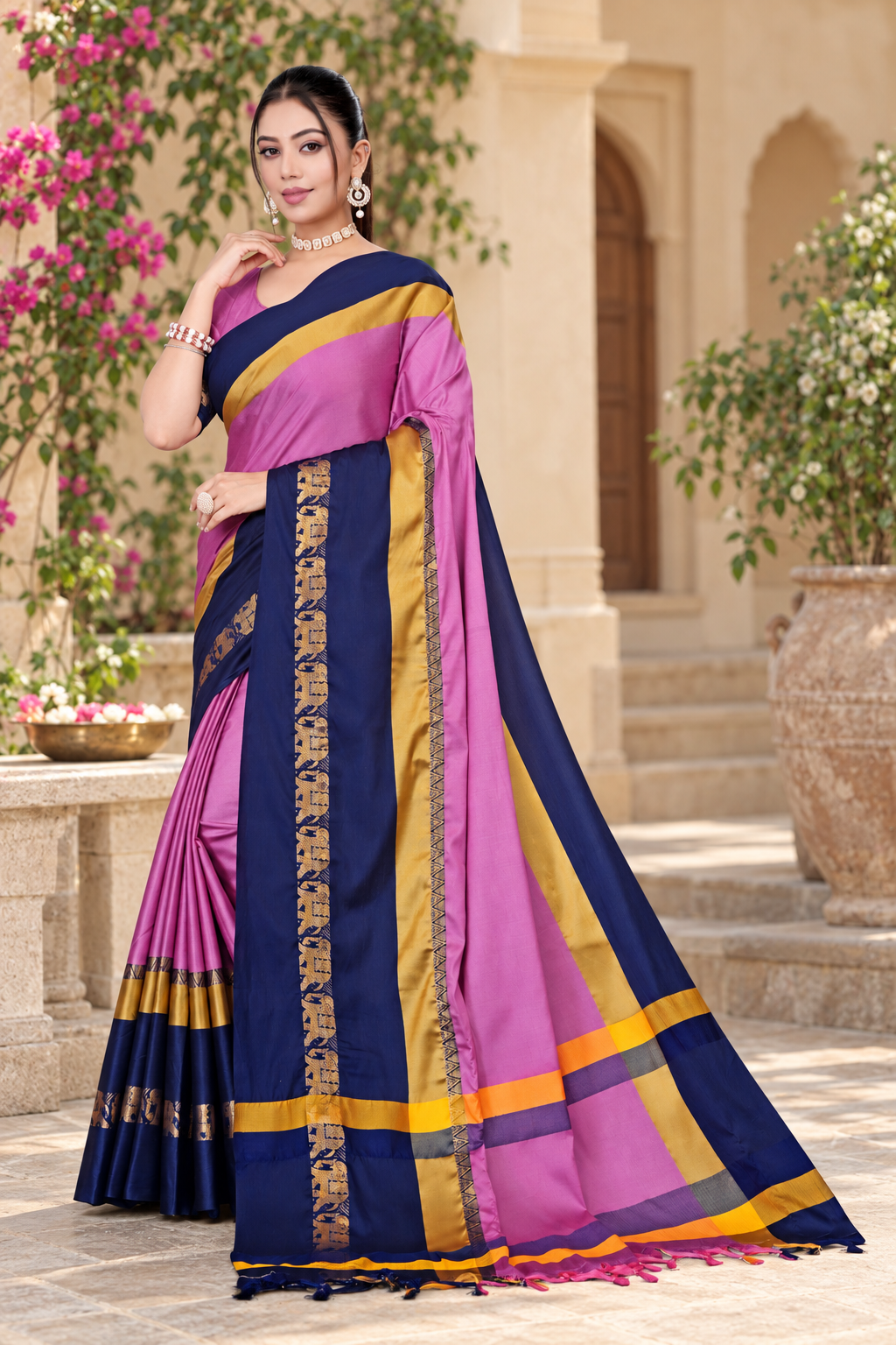 Pink & Navy Blue Hathi Design (Elephant) Cotton Silk Saree