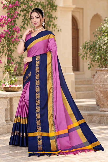 Pink & Navy Blue Hathi Design (Elephant) Cotton Silk Saree
