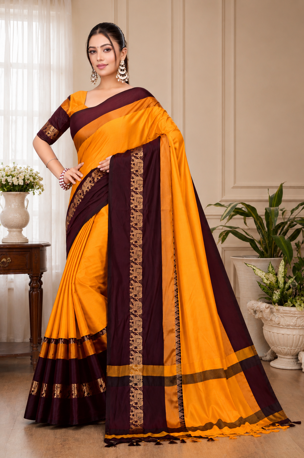 Turmeric Yellow & Coffee Hathi Design (Elephant) Cotton Silk Saree