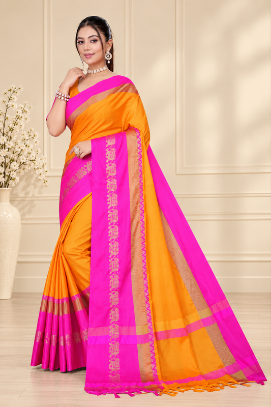 Gold & Pink Rani Hathi Design (Elephant) Cotton Silk Saree