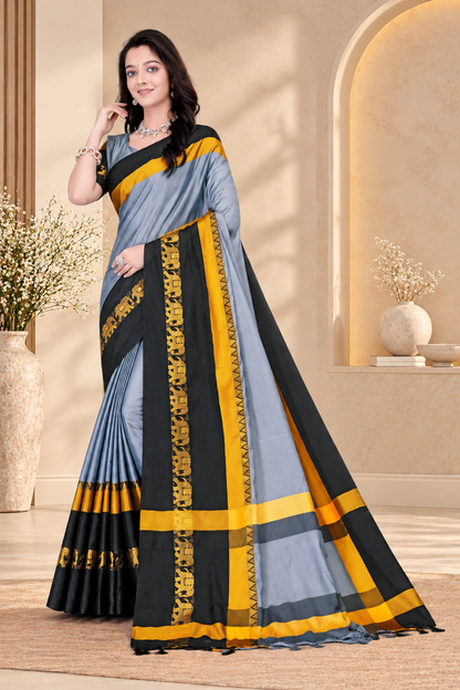 Steel Grey & Black Hathi Design (Elephant) Cotton Silk Saree