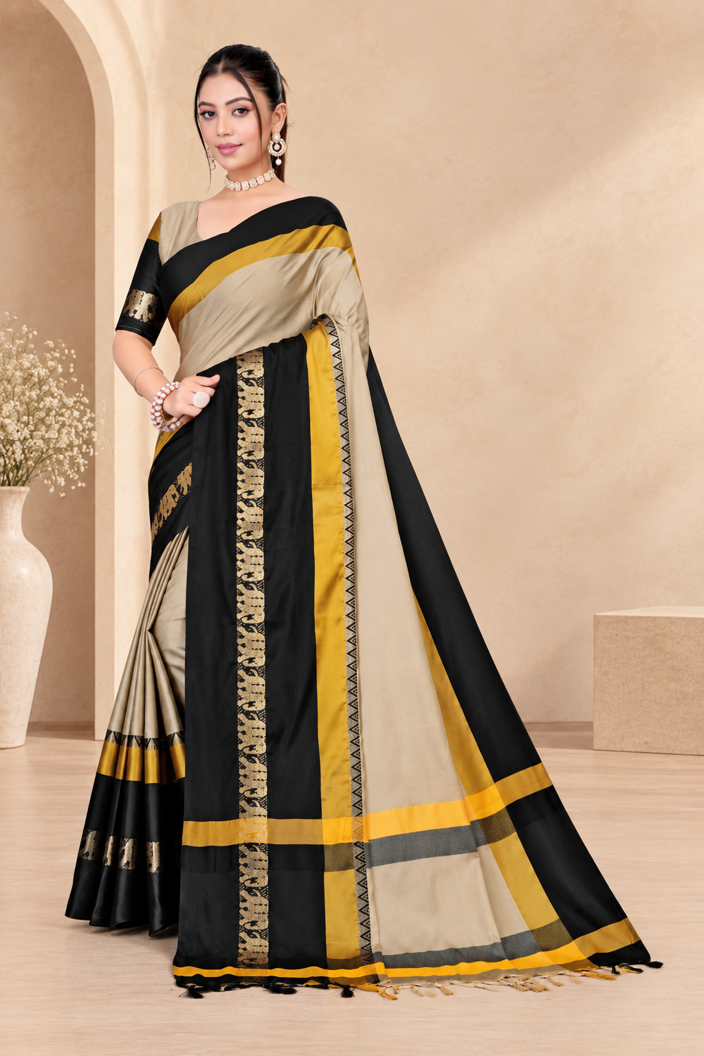 Beige & Black Hathi Design (Elephant) Cotton Silk Saree