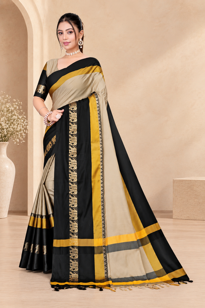 Beige & Black Hathi Design (Elephant) Cotton Silk Saree