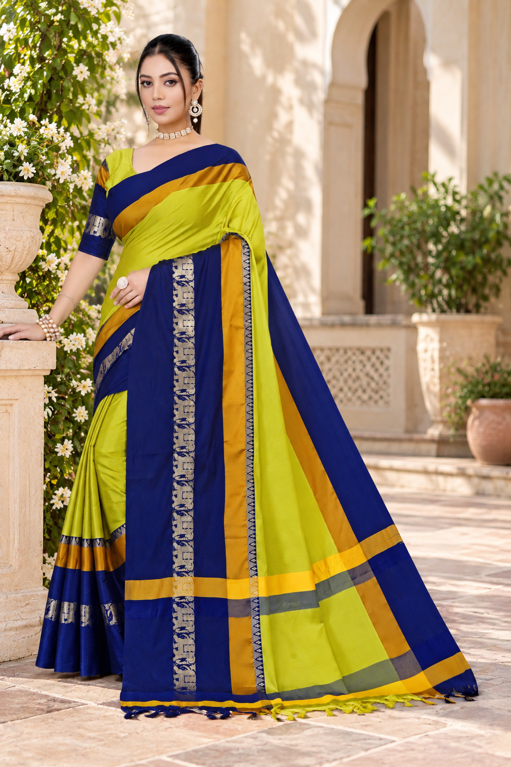 Lemon Yellow & Navy Blue Hathi Design (Elephant) Cotton Silk Saree