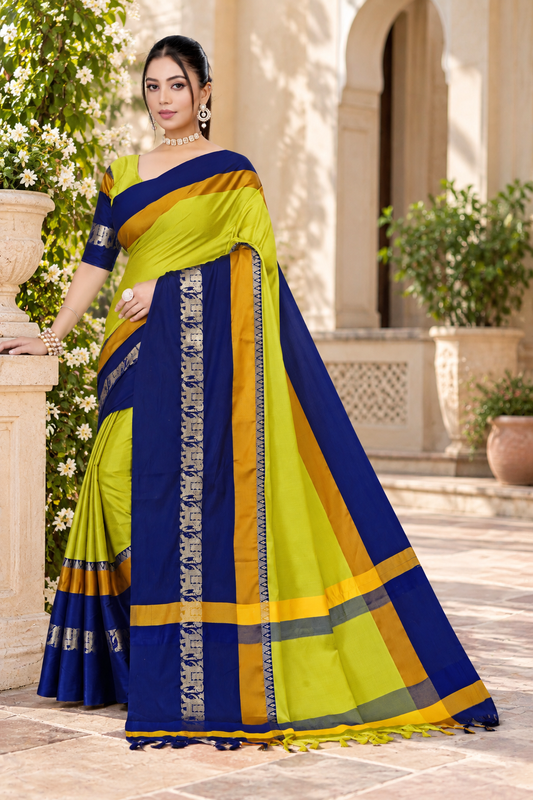 Lemon Yellow & Navy Blue Hathi Design (Elephant) Cotton Silk Saree