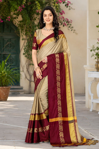 Beige & Brown Hathi Design (Elephant) Cotton Silk Saree