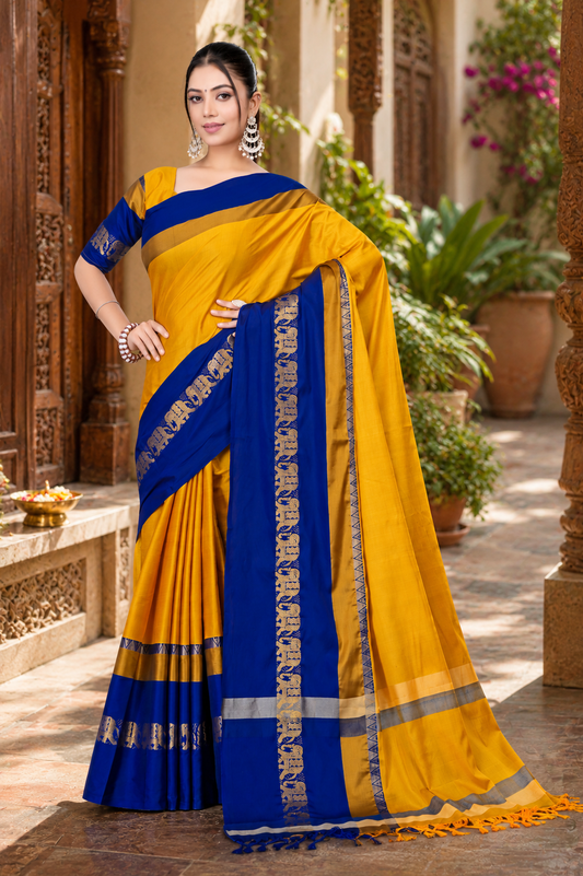 Gold & Royal Blue Hathi Design (Elephant) Cotton Silk Saree