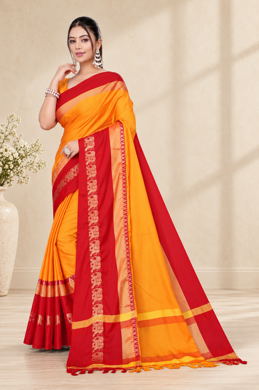 Gold & Red Hathi Design (Elephant) Cotton Silk Saree