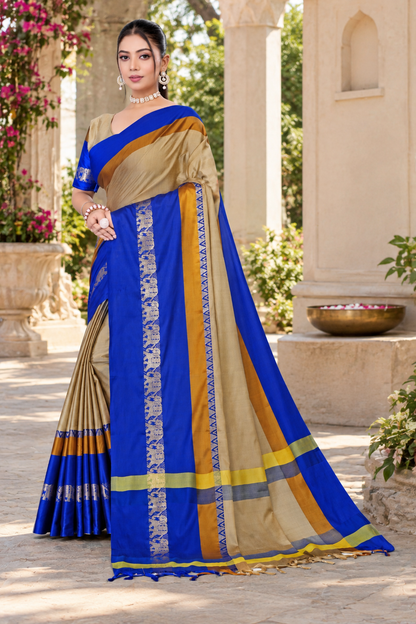 Beige & Royal Blue Hathi Design (Elephant) Cotton Silk Saree
