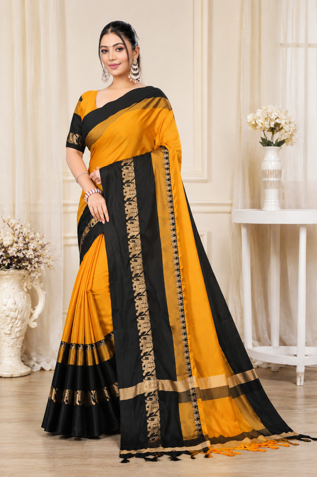 Gold & Black Hathi Design (Elephant) Cotton Silk Saree