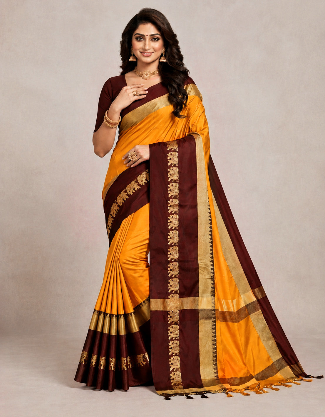 Turmeric Yellow & Coffee Hathi Design (Elephant) Cotton Silk Saree