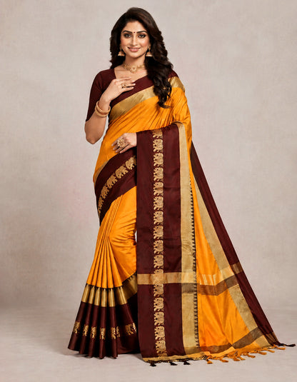 Turmeric Yellow & Coffee Hathi Design (Elephant) Cotton Silk Saree