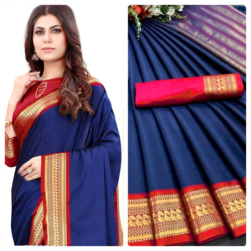 Blue & Red Kalyani Cotton Silk Saree