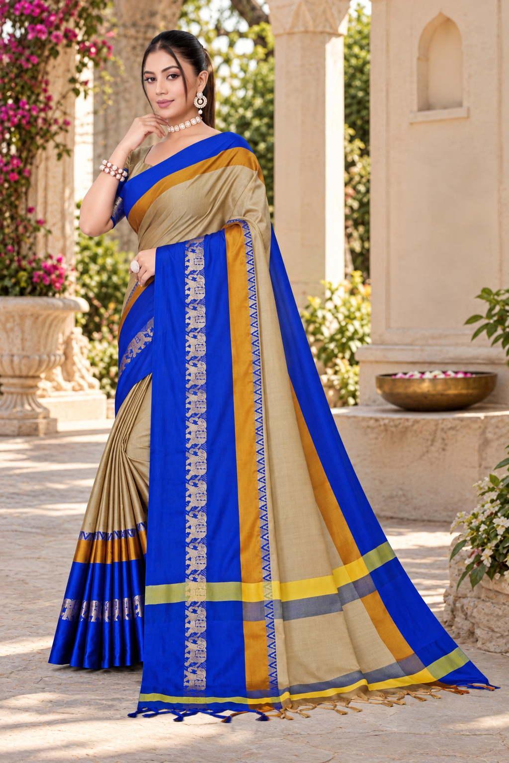 Beige & Royal Blue Hathi Design (Elephant) Cotton Silk Saree