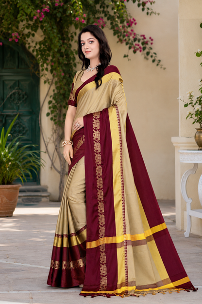 Beige & Brown Hathi Design (Elephant) Cotton Silk Saree