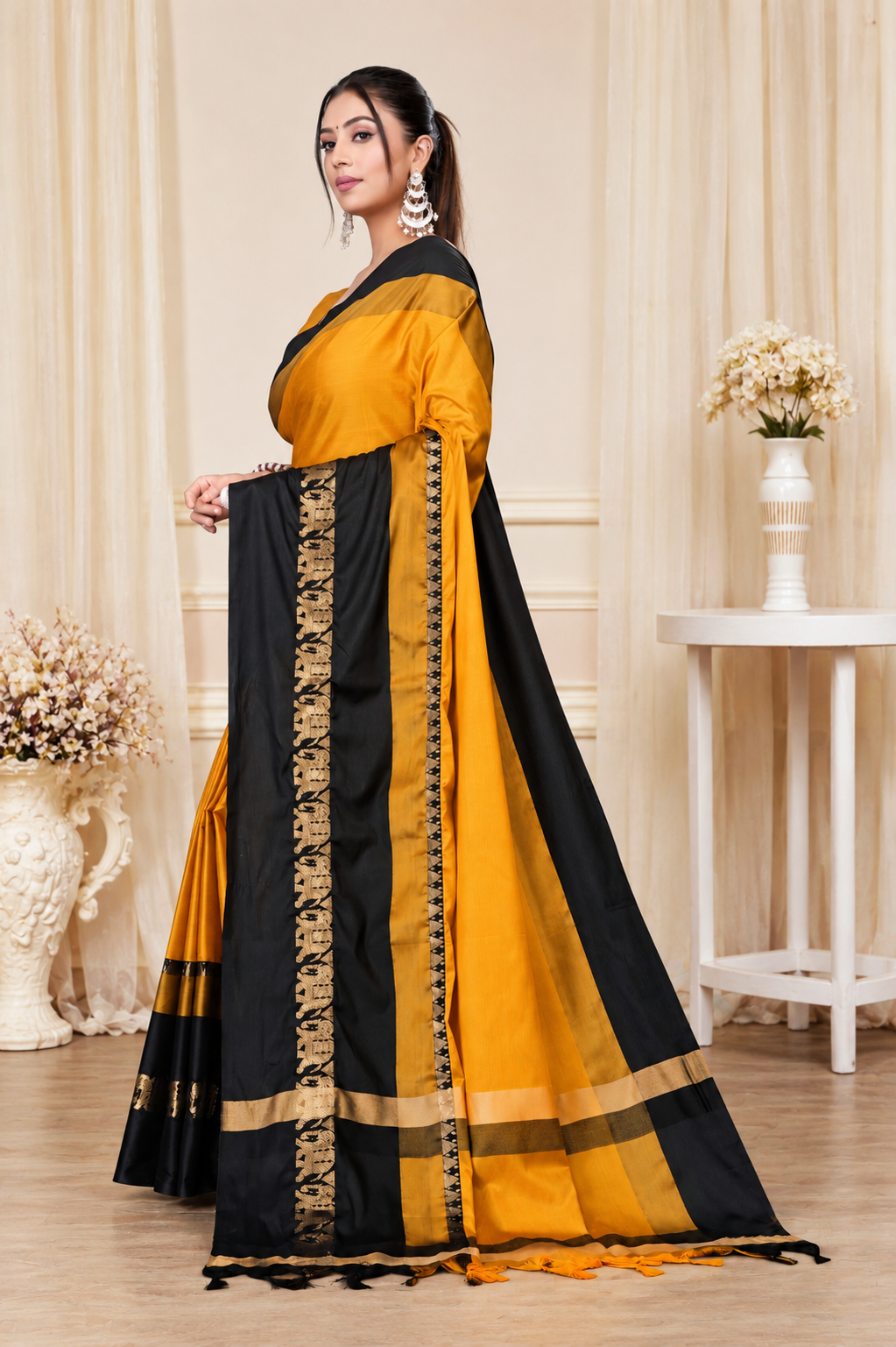 Gold & Black Hathi Design (Elephant) Cotton Silk Saree