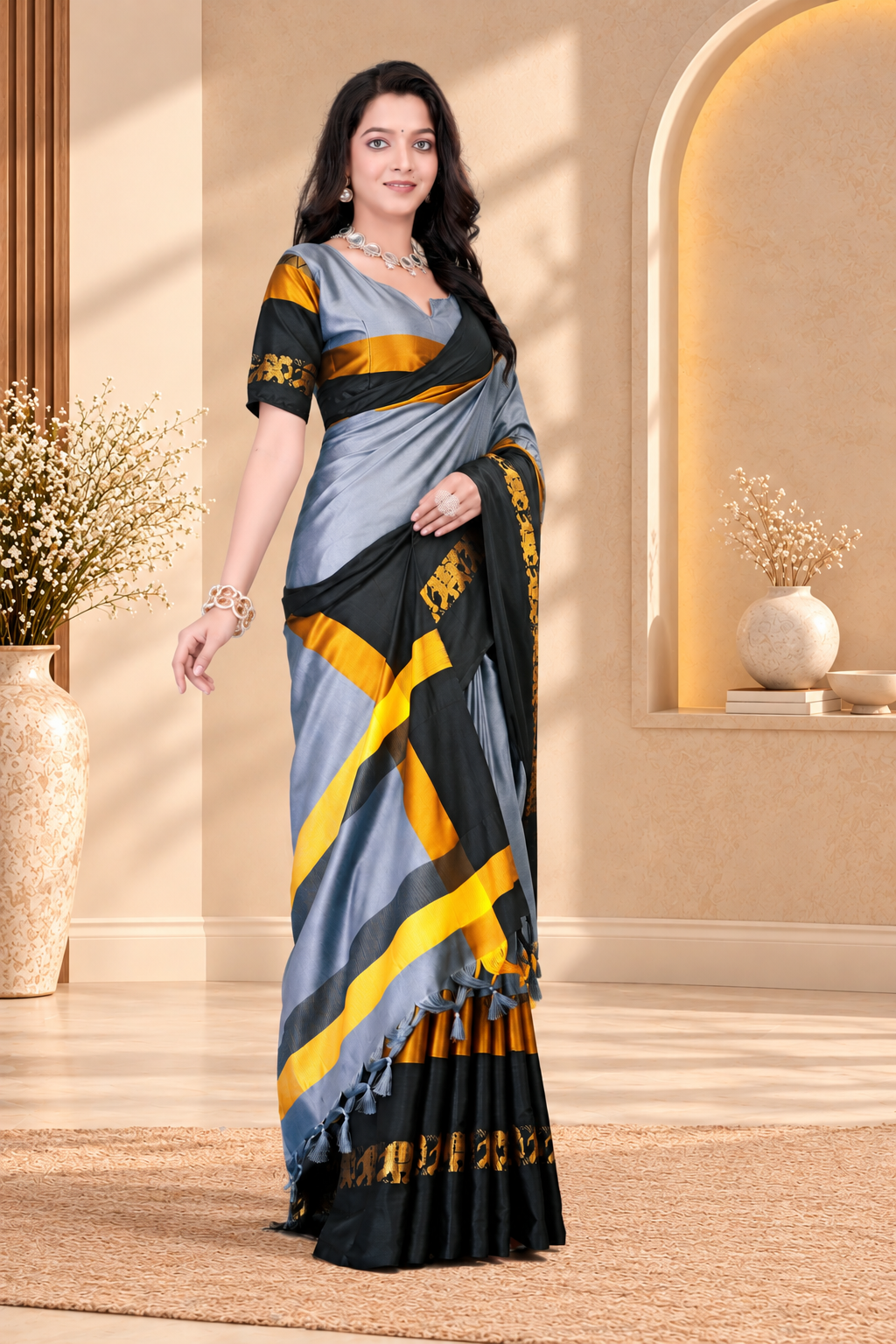 Steel Grey & Black Hathi Design (Elephant) Cotton Silk Saree