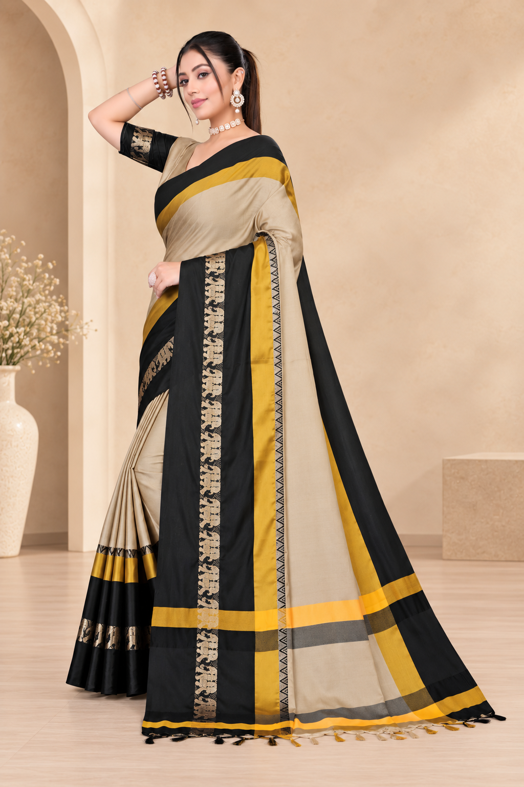 Beige & Black Hathi Design (Elephant) Cotton Silk Saree