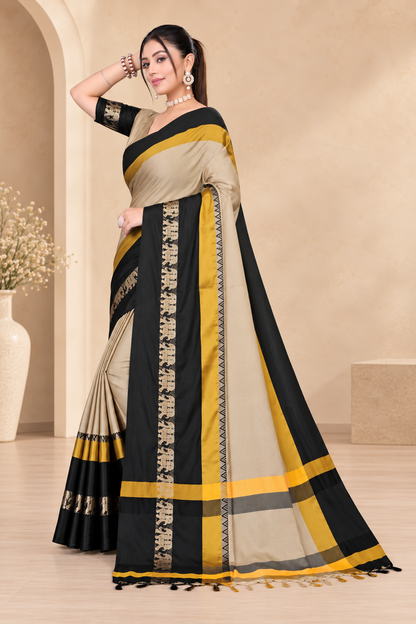 Beige & Black Hathi Design (Elephant) Cotton Silk Saree