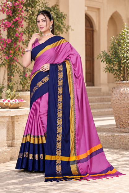 Pink & Navy Blue Hathi Design (Elephant) Cotton Silk Saree
