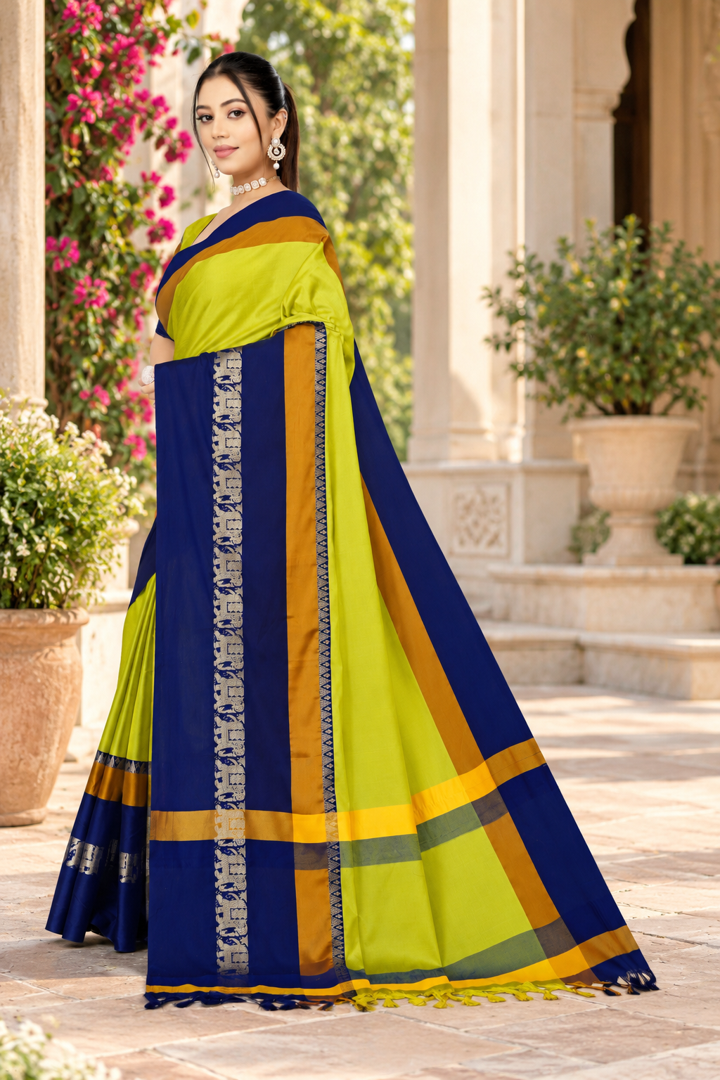 Lemon Yellow & Navy Blue Hathi Design (Elephant) Cotton Silk Saree