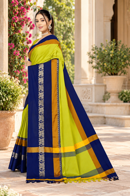 Lemon Yellow & Navy Blue Hathi Design (Elephant) Cotton Silk Saree