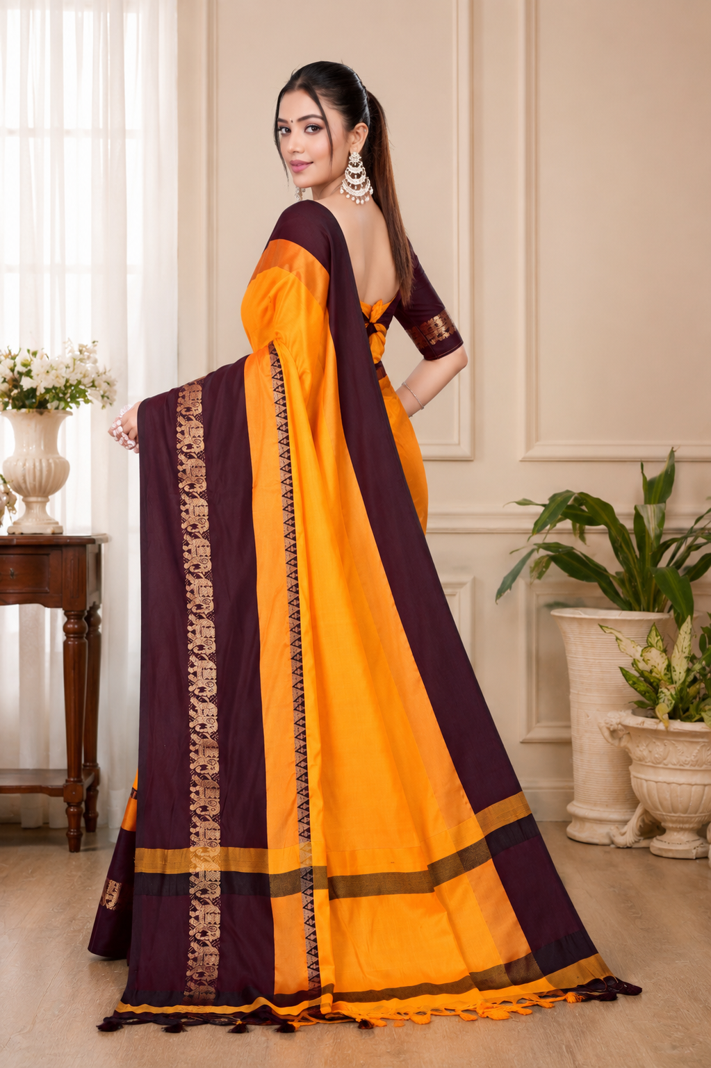 Turmeric Yellow & Coffee Hathi Design (Elephant) Cotton Silk Saree