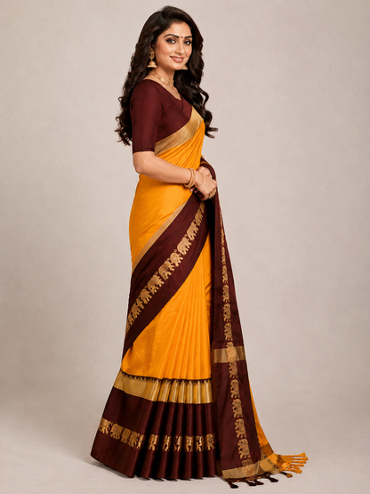 Turmeric Yellow & Coffee Hathi Design (Elephant) Cotton Silk Saree