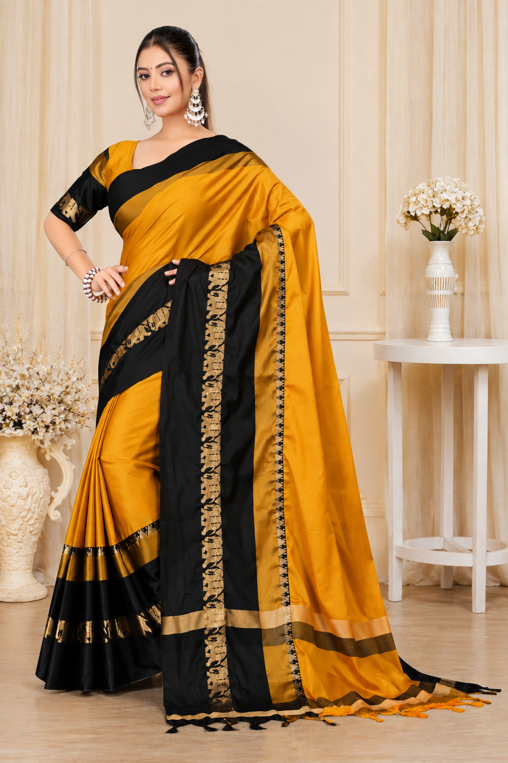 Gold & Black Hathi Design (Elephant) Cotton Silk Saree