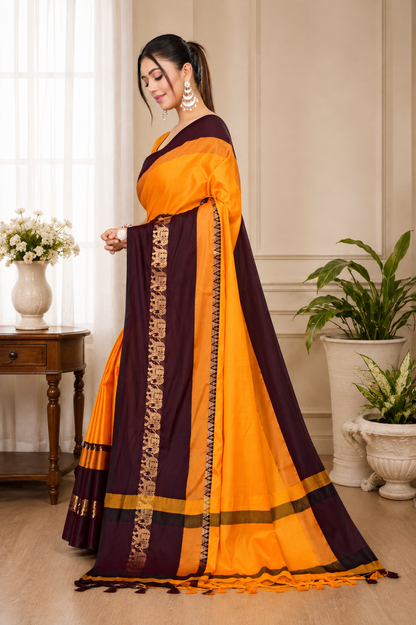 Turmeric Yellow & Coffee Hathi Design (Elephant) Cotton Silk Saree