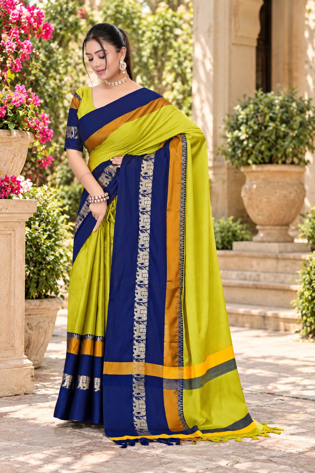 Lemon Yellow & Navy Blue Hathi Design (Elephant) Cotton Silk Saree