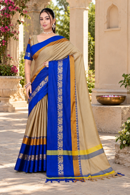 Beige & Royal Blue Hathi Design (Elephant) Cotton Silk Saree