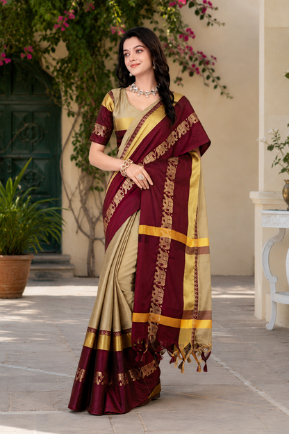 Beige & Brown Hathi Design (Elephant) Cotton Silk Saree