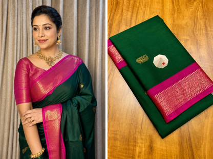 Bottle Green & Rani Pink Paithani Cotton Silk Saree