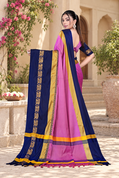 Pink & Navy Blue Hathi Design (Elephant) Cotton Silk Saree