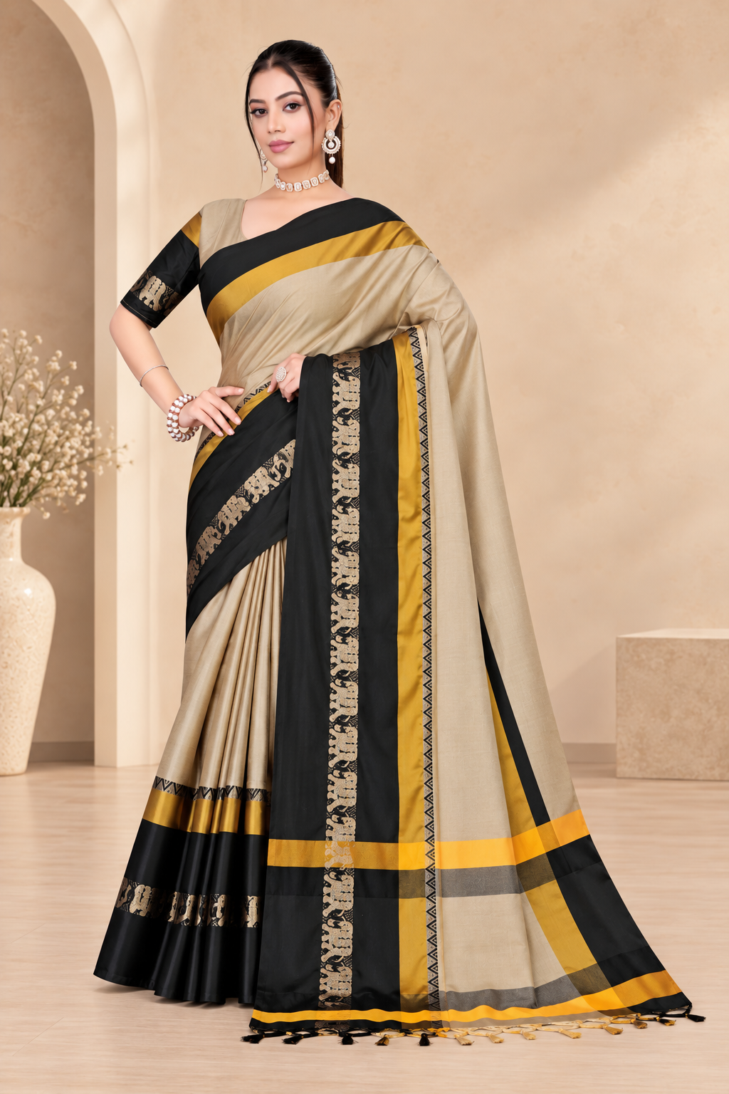 Beige & Black Hathi Design (Elephant) Cotton Silk Saree