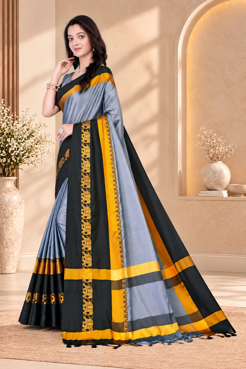 Steel Grey & Black Hathi Design (Elephant) Cotton Silk Saree