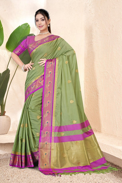Pista & Rani Peacock Design Cotton Silk Saree with Running Blouse Piece – Premium Ethnic Wear | Moonixa