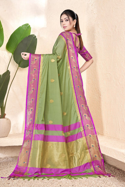 Pista & Rani Peacock Design Cotton Silk Saree with Running Blouse Piece – Premium Ethnic Wear | Moonixa