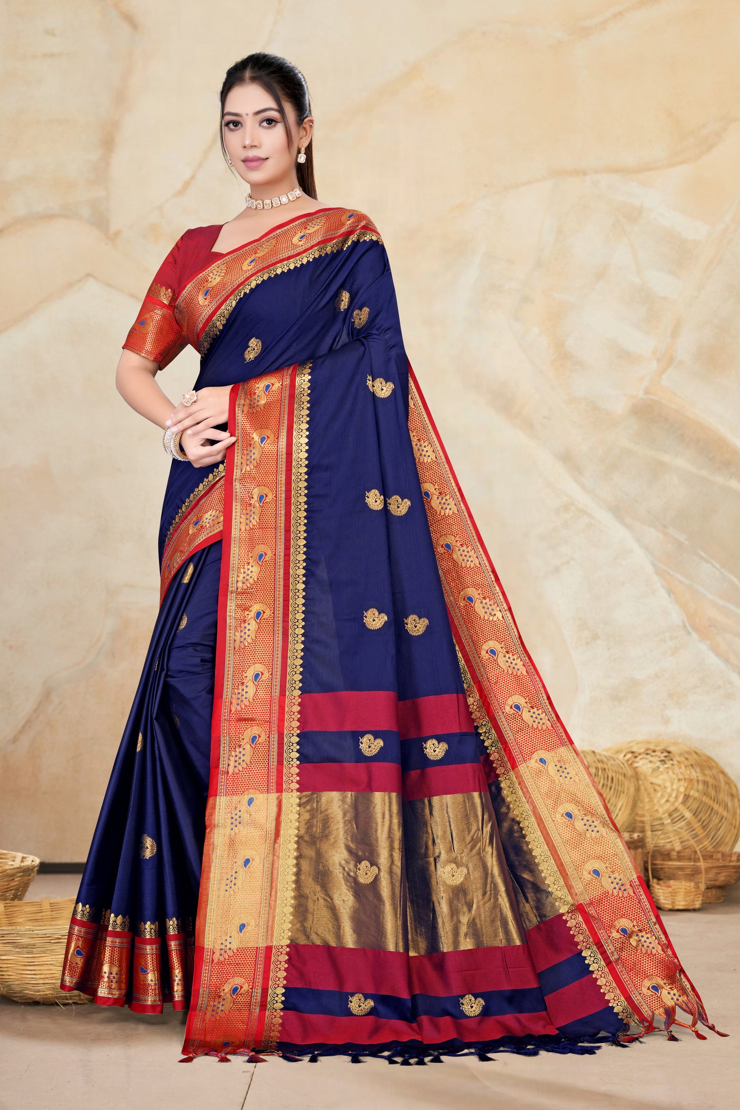 Navy Blue & Red Peacock Design Cotton Silk Saree with Running Blouse Piece – Premium Ethnic Wear | Moonixa