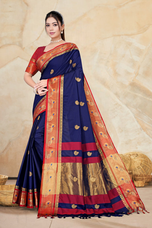 Navy Blue & Red Peacock Design Cotton Silk Saree with Running Blouse Piece – Premium Ethnic Wear | Moonixa