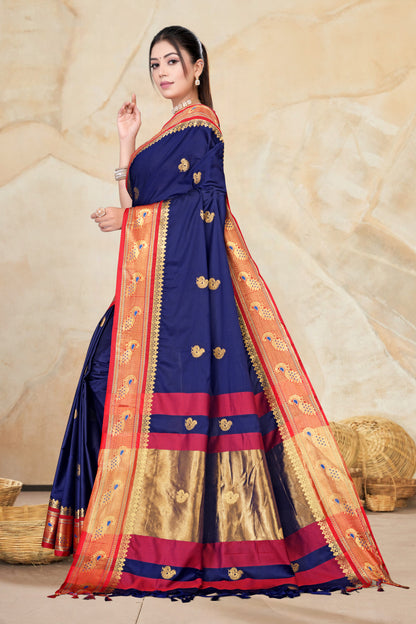 Navy Blue & Red Peacock Design Cotton Silk Saree with Running Blouse Piece – Premium Ethnic Wear | Moonixa