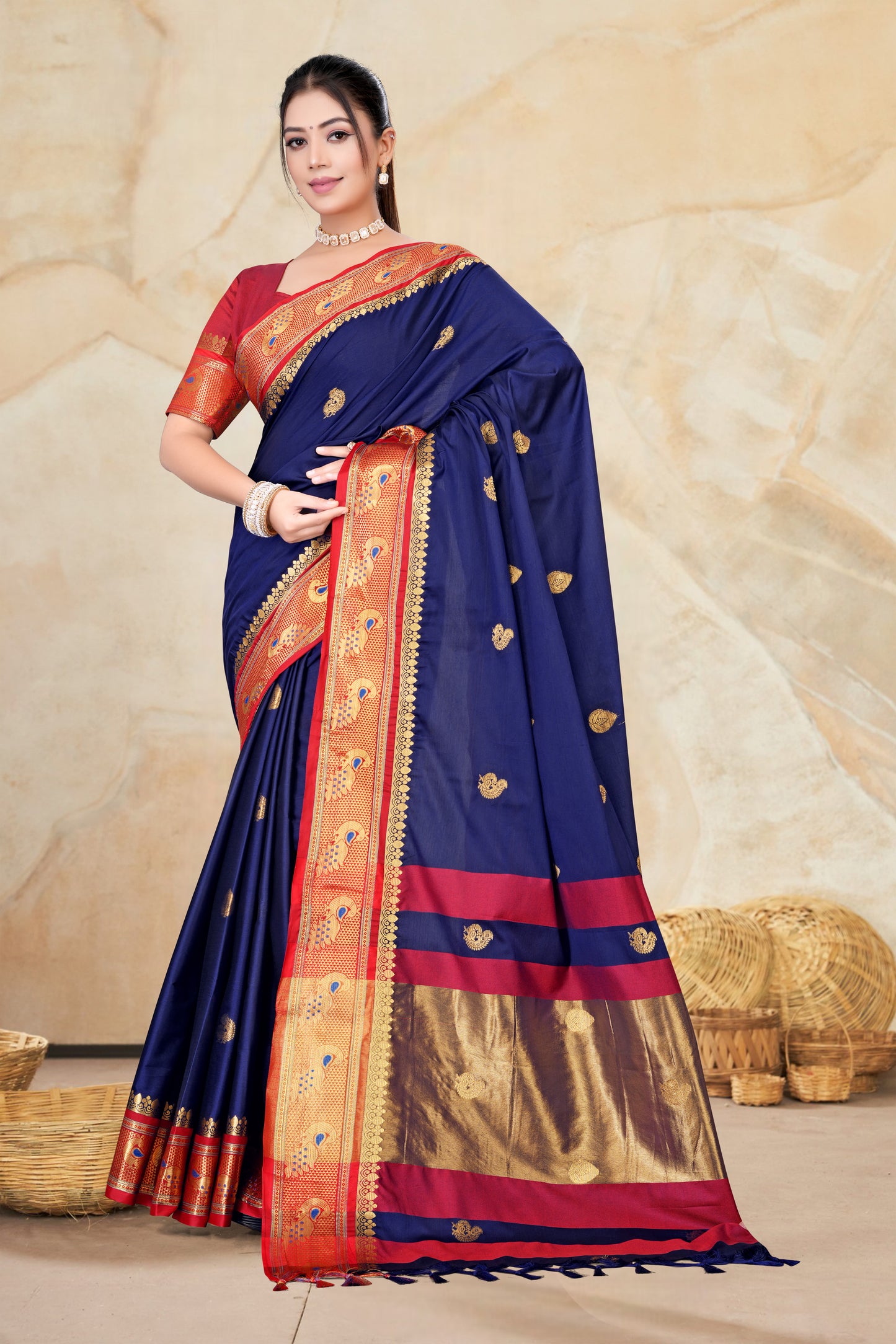 Navy Blue & Red Peacock Design Cotton Silk Saree with Running Blouse Piece – Premium Ethnic Wear | Moonixa