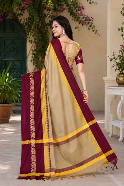 Beige & Brown Hathi Design (Elephant) Cotton Silk Saree